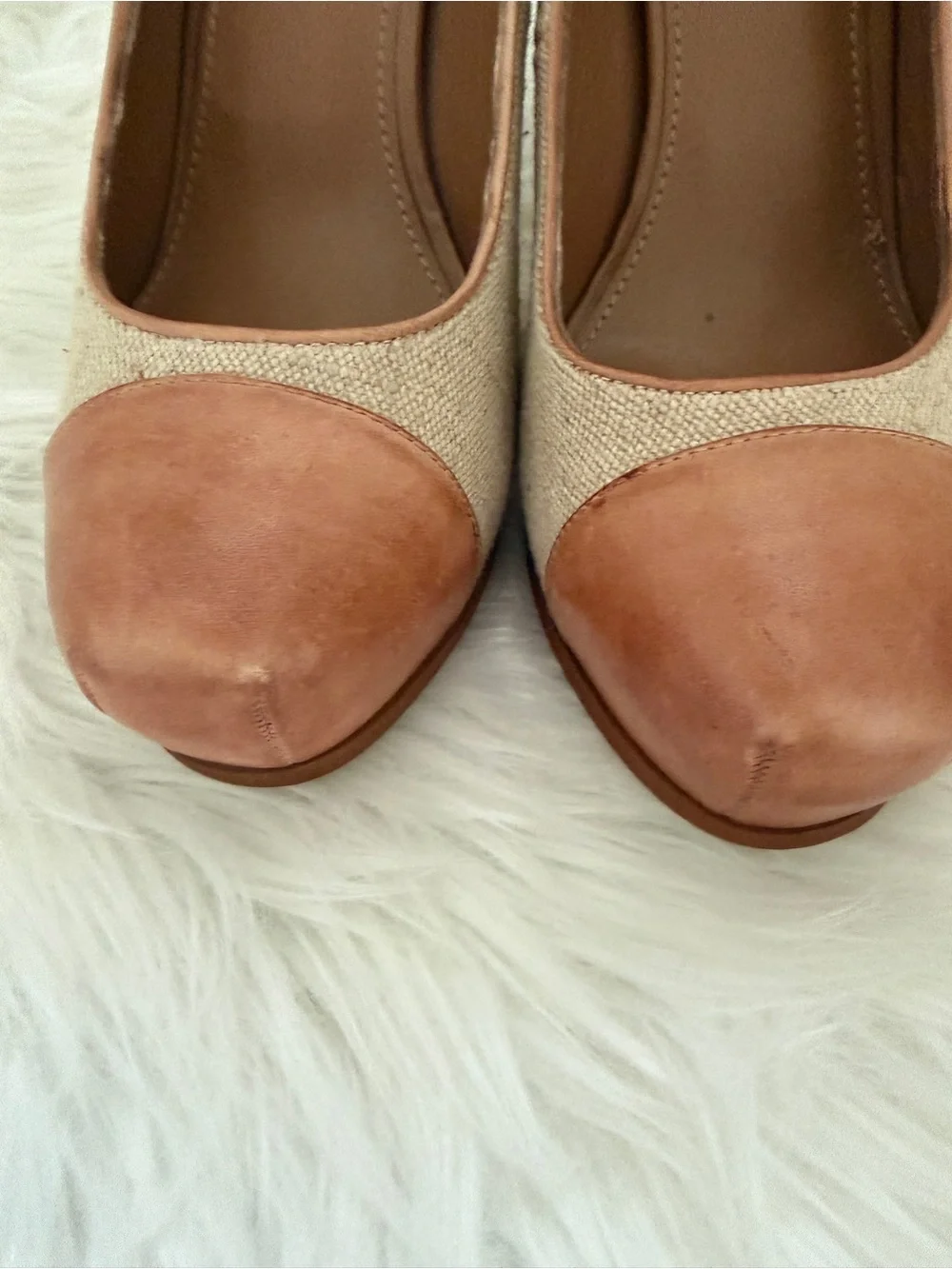 Steve Madden Somone Linen & Tan Leather Toe Cap Pumps - Size 9